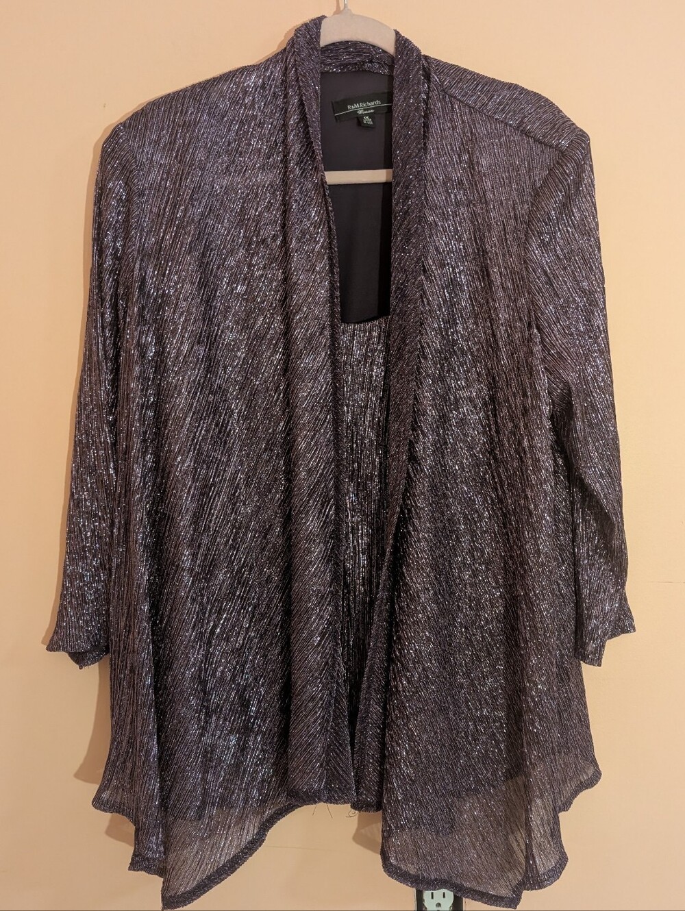 R & M Richards Metallic Black Top With Open-Front Cardigan